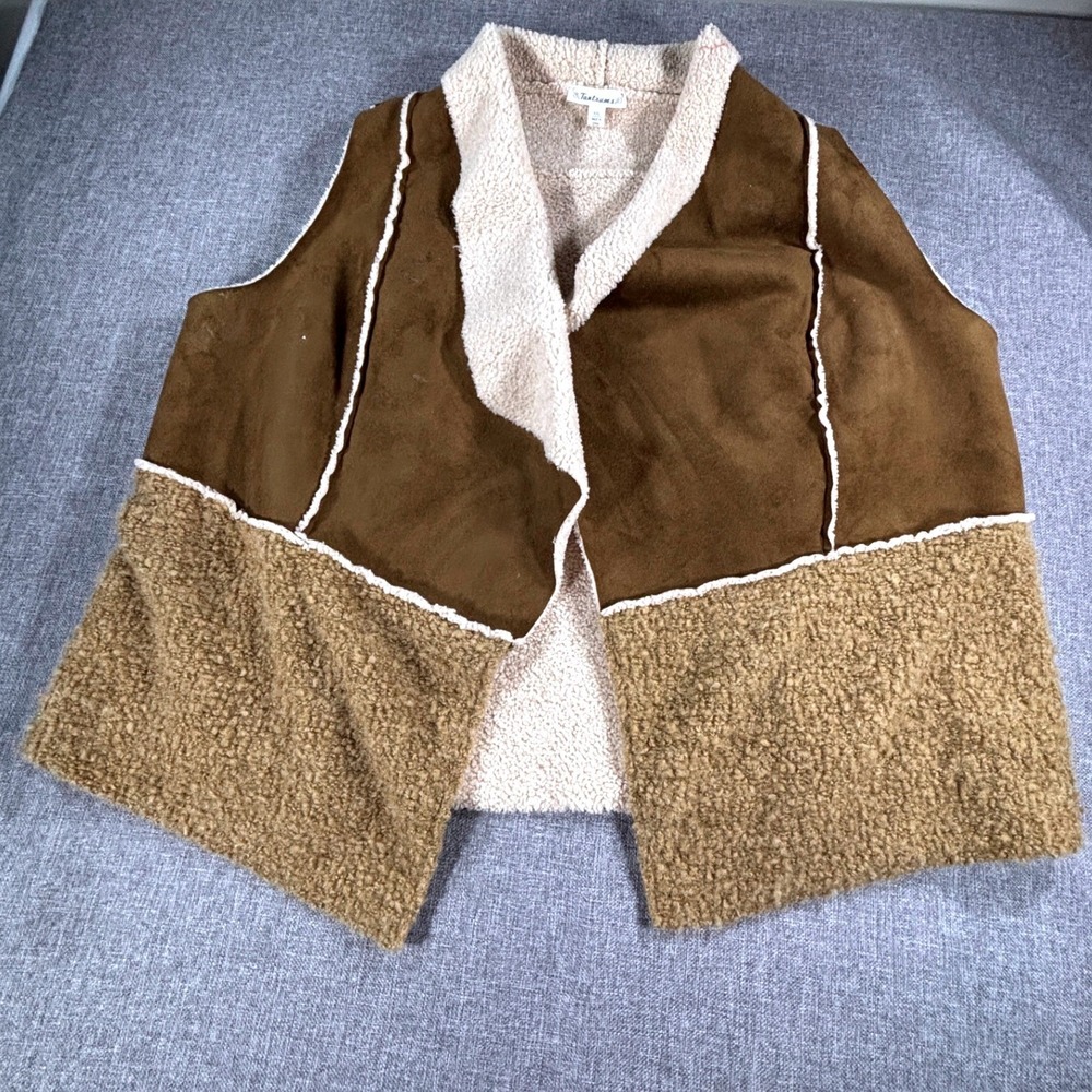 Vintage Tantrum Vest Faux Suede Shearling Open Front Mixed Media Brown Women XXL